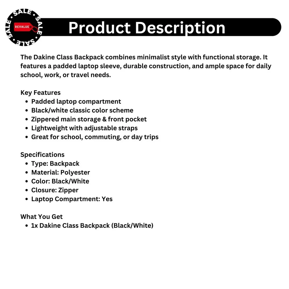 Dakine Class Black White Backpack with Laptop Compartment for School‎ or Travel